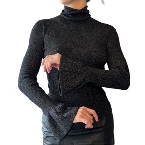 Veronica Beard Rainbow Sparkle Black Turtleneck Bell Sleeve Sweater